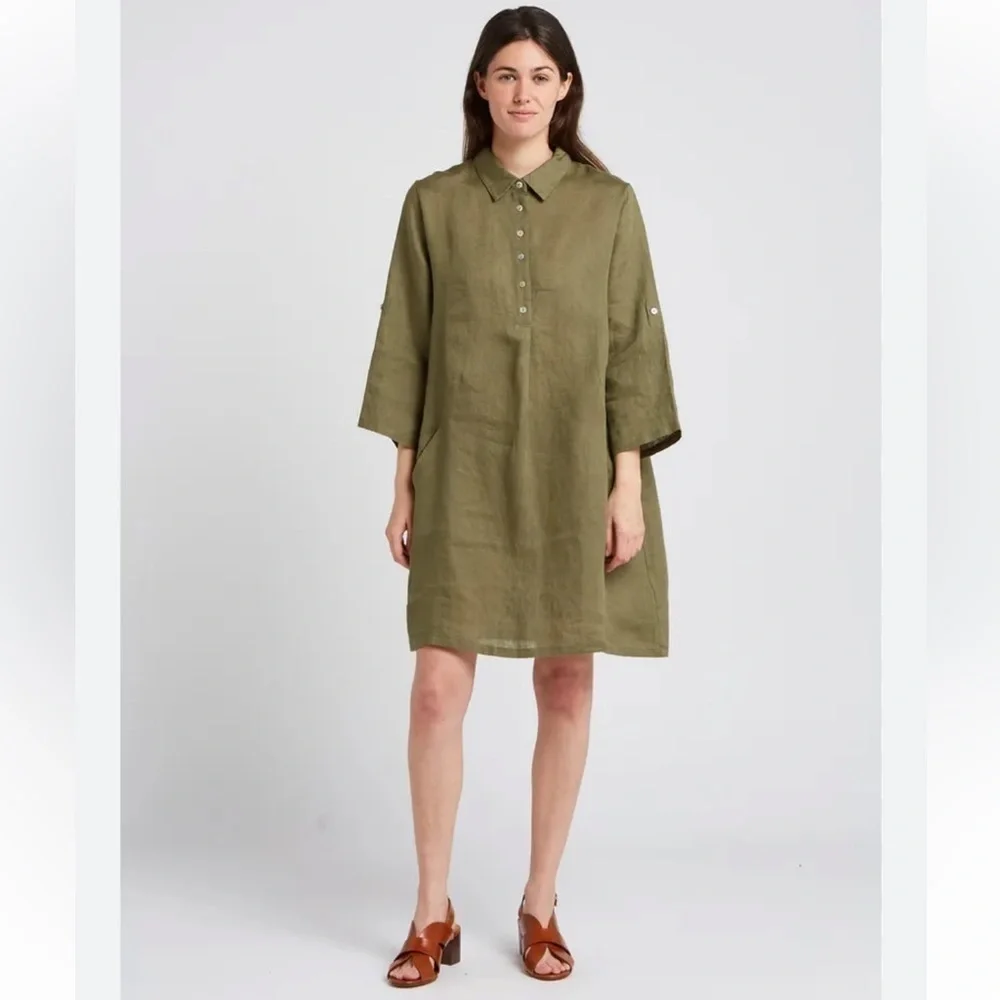 Elena Baldi green linen shirt dress roll sleeves new with tags size L - Picture 1 of 11